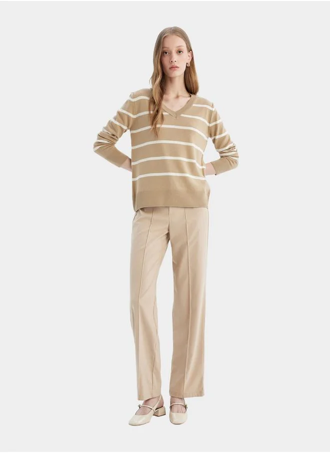 DeFacto Relaxed Fit V-Neck Soft Textured Striped Sweater by Styli