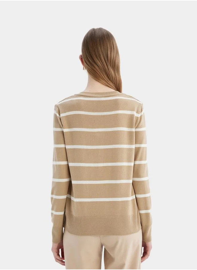 DeFacto Relaxed Fit V-Neck Soft Textured Striped Sweater by Styli