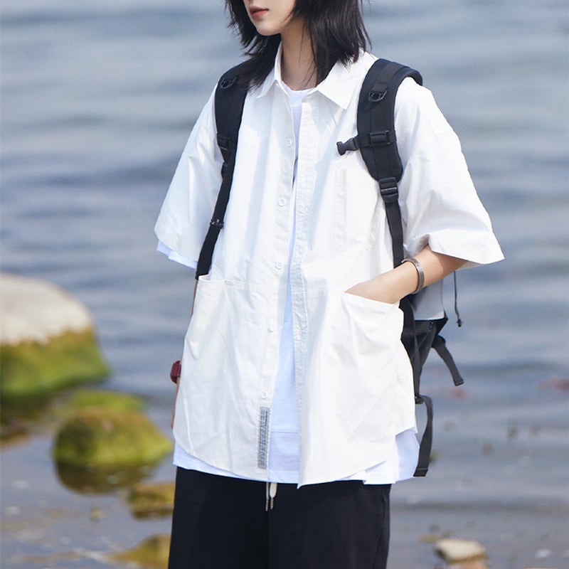Retro Japanese Workwear Casual Shirt Women White