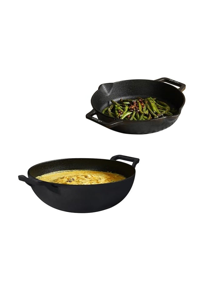 ماير طقم أواني طهي من الحديد الزهر (Cast Iron) مسبق التجهيز من Meyer - مكون من 3 قطع: مقلاة مقاس 26 سم + وعاء "كاداي" مقاس 26 سم مع غطاء مشترك | أواني طهي من الحديد الزهر للمطبخ | متوافق مع مواقد الغاز والحث الحراري (Induction) - اللون الأسود - Image 1