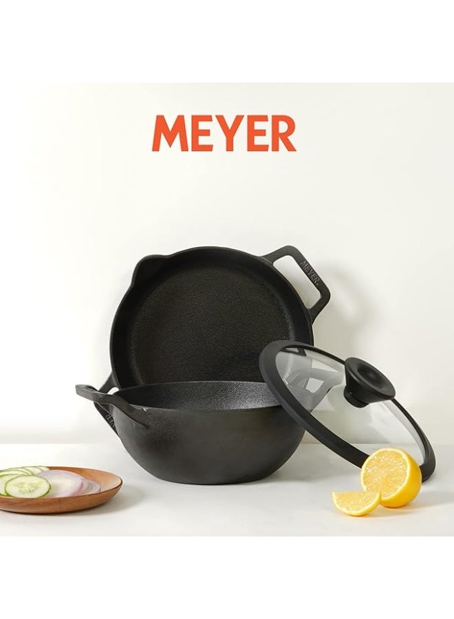 ماير طقم أواني طهي من الحديد الزهر (Cast Iron) مسبق التجهيز من Meyer - مكون من 3 قطع: مقلاة مقاس 26 سم + وعاء "كاداي" مقاس 26 سم مع غطاء مشترك | أواني طهي من الحديد الزهر للمطبخ | متوافق مع مواقد الغاز والحث الحراري (Induction) - اللون الأسود - Image 4