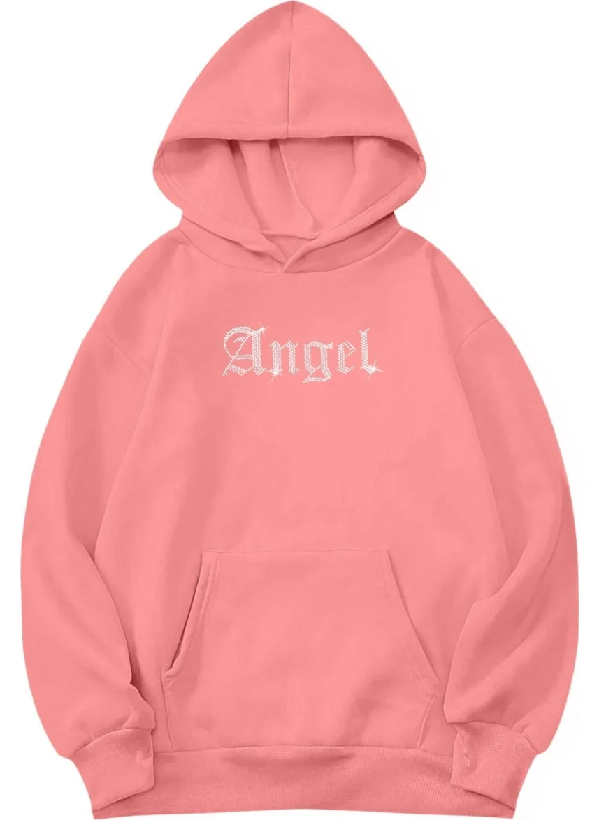 BRZ Collection Unisex Oversize Angel Crystal Stone Printed Hoodie Pink