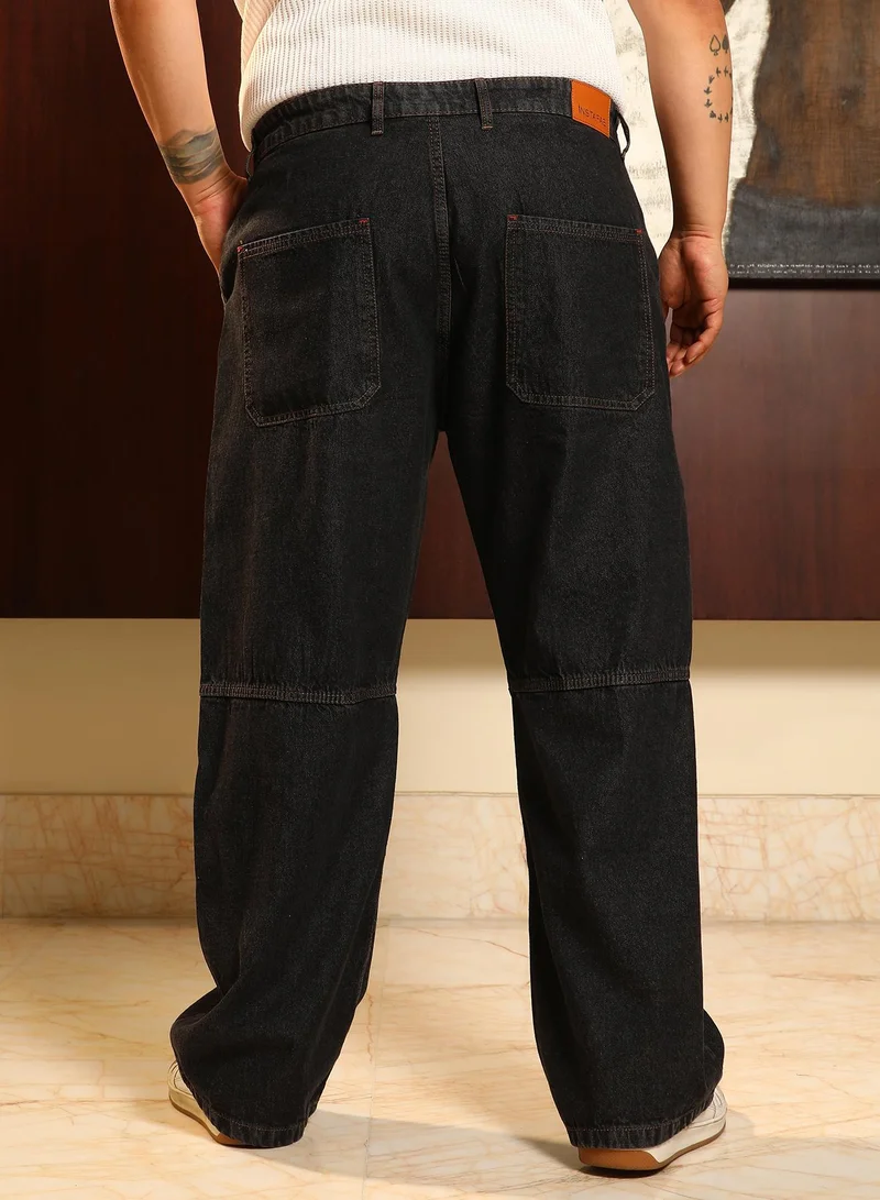 Instafab Plus  Instafab Plus Men's Midnight Black Panelled-Utility Denim Jeans For Casual Wear | Mid-Rise | Straight Fit | Button Closure | Plus Size Denim Jeans Crafted With Comfort Fit For Everyday Wear for Men | Best Price UAE