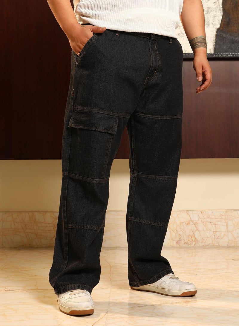 Instafab Plus Men's Midnight Black Panelled-Utility Denim Jeans For Casual Wear | Mid-Rise | Straight Fit | Button Closure | Plus Size Denim Jeans Crafted With Comfort Fit For Everyday Wear - Image 3