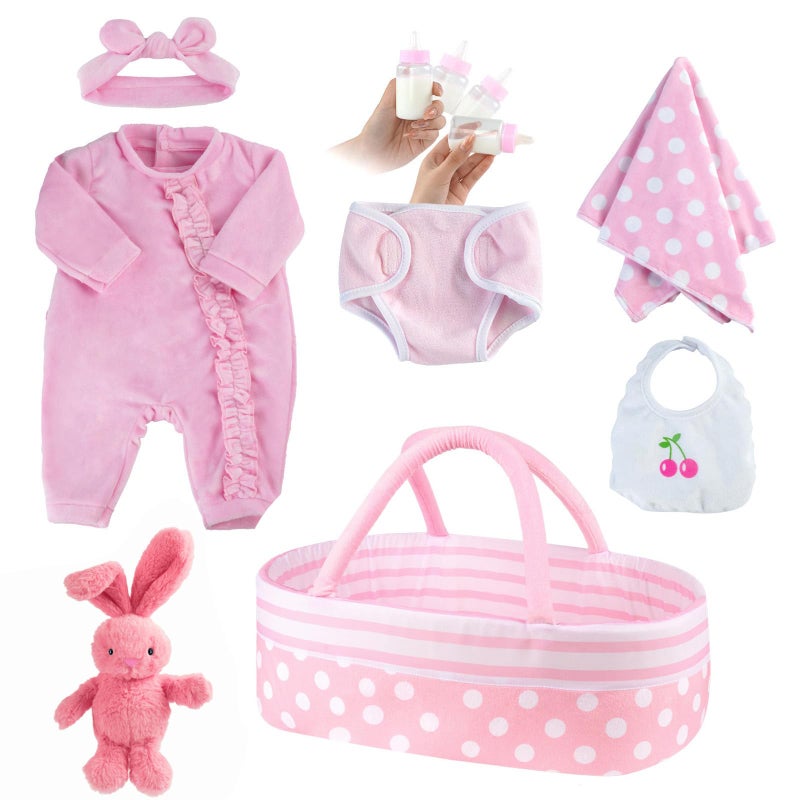 JIZHI 8 Pcs Reborn Baby Doll Clothes Set with Bassinet for 1722 Inch Dolls Baby Dolls Clothes and Doll Accessories Set fit Realistic Baby Doll Girl Pink - Image 4