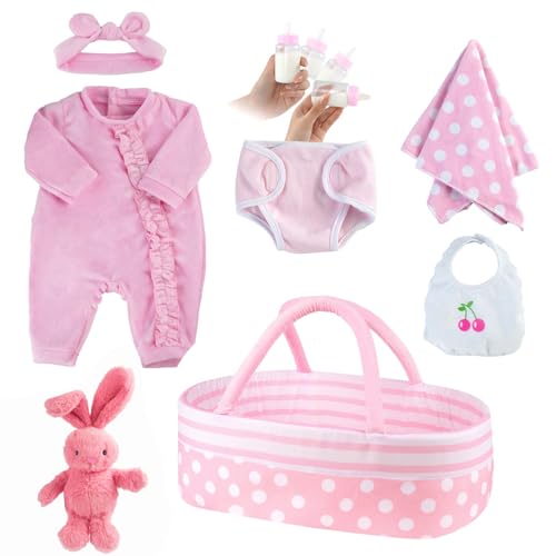 JIZHI 8 Pcs Reborn Baby Doll Clothes Set with Bassinet for 1722 Inch Dolls Baby Dolls Clothes and Doll Accessories Set fit Realistic Baby Doll Girl Pink - Image 1