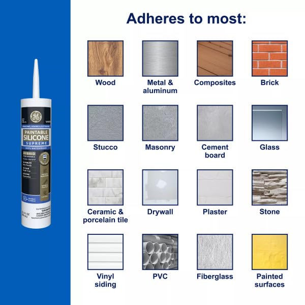GE سيليكون GE القابل للدهان للنوافذ والأبواب، أبيض، 9.5 أونصة سائلة، عبوة واحدة - مانع تسرب سيليكون 100% مقاوم للماء، لاصق أقوى 7 مرات، مقاوم للصقيع والشمس - Image 2