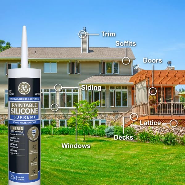 GE سيليكون GE القابل للدهان للنوافذ والأبواب، أبيض، 9.5 أونصة سائلة، عبوة واحدة - مانع تسرب سيليكون 100% مقاوم للماء، لاصق أقوى 7 مرات، مقاوم للصقيع والشمس - Image 3