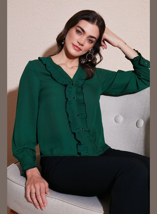 Lela Lela Standard Fit V-Neck Ruffle Long Sleeve Shirt Women's SHIRT 611GO00341