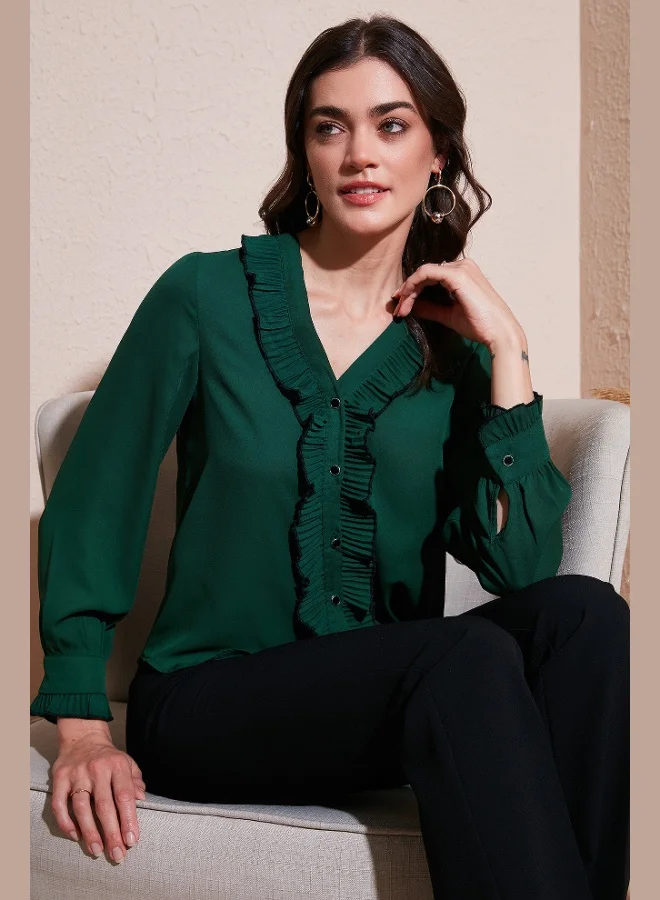 Lela Lela Standard Fit V-Neck Ruffle Long Sleeve Shirt Women's SHIRT 611GO00341