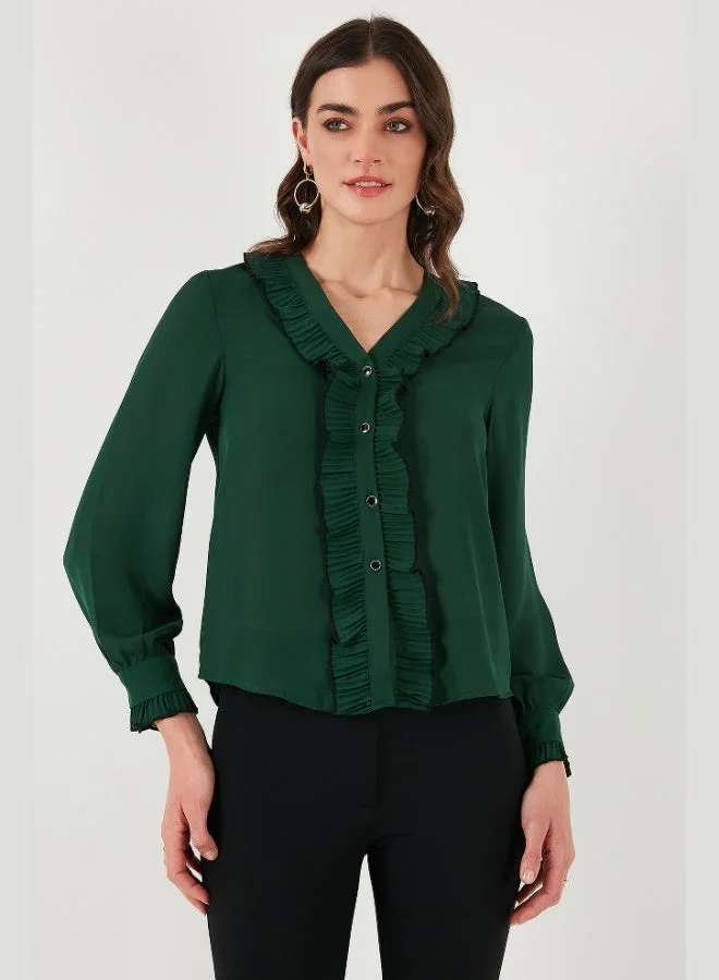 ليلا بلوزة نسائية بأكمام طويلة وكشكشة وياقة على شكل حرف  بمقاس قياسي