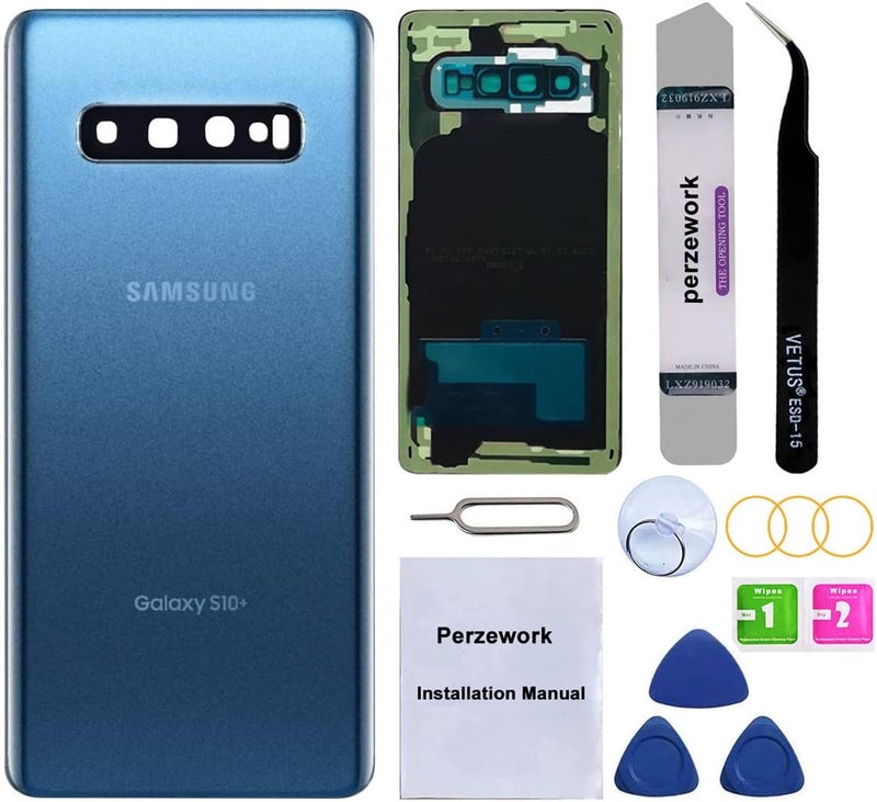 Perzework استبدال زجاج الخلفي لجهاز سامسونج جالاكسي S10+ بلس مع مجموعة أدوات الإصلاح ومواد لاصقة مثبتة مسبقًا (أزرق بريزم) - Image 1
