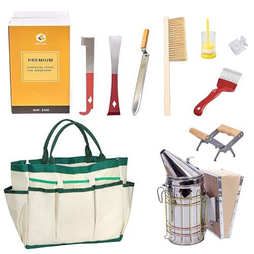 BeeCastle 9 Pcs Beekeeping Tools Kit with Organizer Tote for Beekeepers, Necessary Beekeeping Supplies Bee Keeping Starter Kit Includes Bee Smoker Kit and Beehive Tools - Image 1