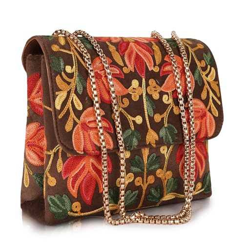 EVEDA Synthetic Leather Stylish Fancy Gorgeous Embroidered Design Crossbody Gold Chain Side Sling Bag For Women - Image 1