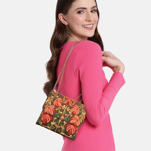 EVEDA Synthetic Leather Stylish Fancy Gorgeous Embroidered Design Crossbody Gold Chain Side Sling Bag For Women - Image 3