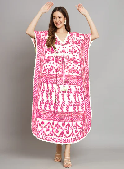 Alaya Hand Embroidered Cotton Chikankari Kaftan-AL2558