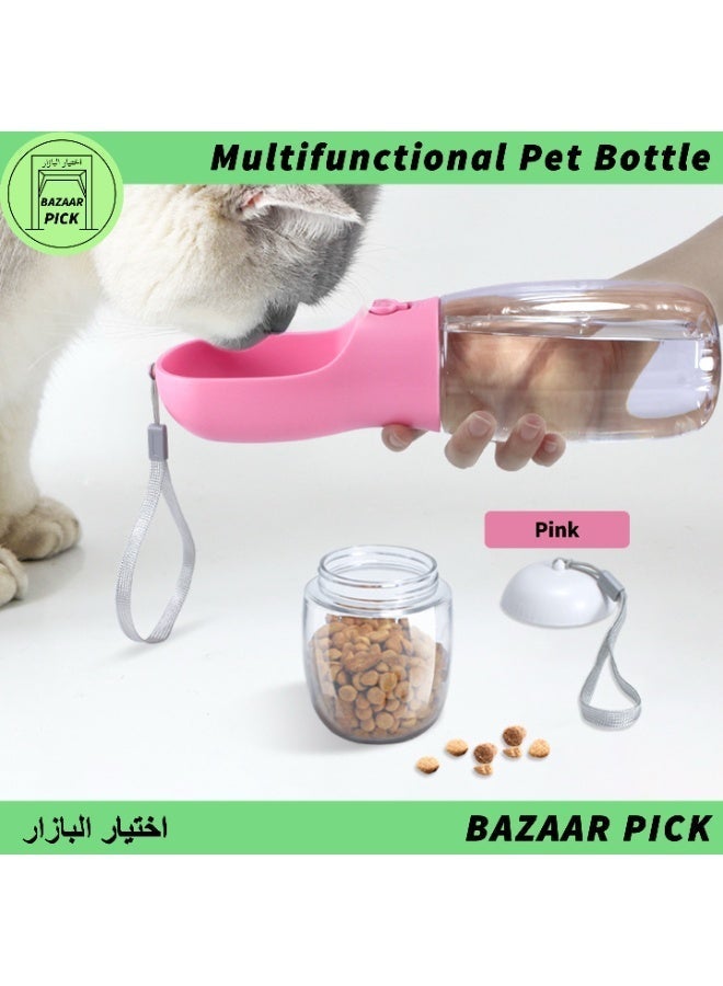 حاوية ماء وطعام للحيوانات الأليفة للكلاب والقطط زجاجة شرب وإطعام محمولة للاستخدام الخارجي 2 في 1 وردي 550 مل - Image 1