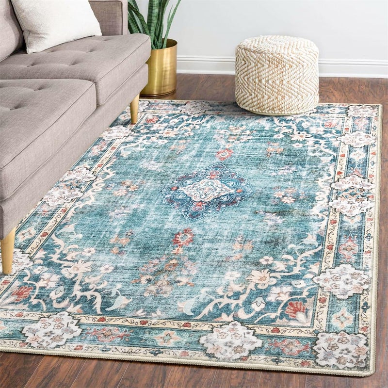 MUJOO 5'x7' Area Rugs Teal Machine Washable Rugs Living Room Rugs Boho Rug for Bedroom Laundry Room Kitchen Non Slip Carpet Abstract Soft Low-Pile Blue Floral - Image 1