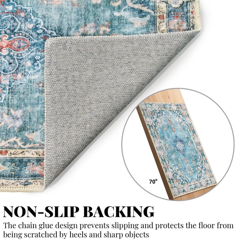 MUJOO 5'x7' Area Rugs Teal Machine Washable Rugs Living Room Rugs Boho Rug for Bedroom Laundry Room Kitchen Non Slip Carpet Abstract Soft Low-Pile Blue Floral - Image 4