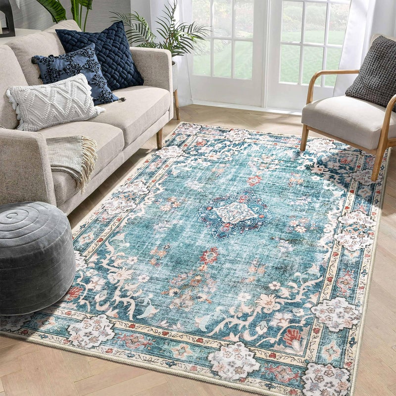 MUJOO 5'x7' Area Rugs Teal Machine Washable Rugs Living Room Rugs Boho Rug for Bedroom Laundry Room Kitchen Non Slip Carpet Abstract Soft Low-Pile Blue Floral - Image 2