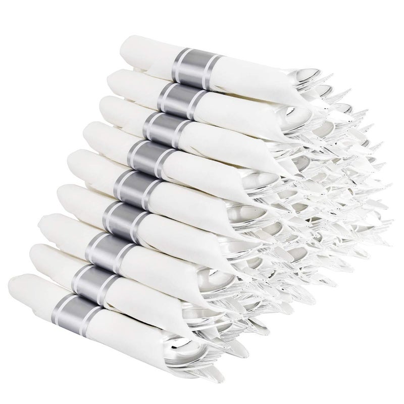 supernal Supernal 60 Pack Silver Plastic SilverwarePre Rolled SilverwarePremium Disposable Silver CutlerySuit for WeddingCatering EventBirthdayParty 