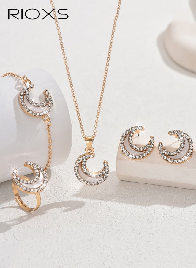 ريوكس مجموعة مجوهرات القمر من 5 قطع للنساء، مجوهرات أزياء، قلادة، أقراط، خاتم، سوار، مجوهرات عصرية للنساء - Image 2