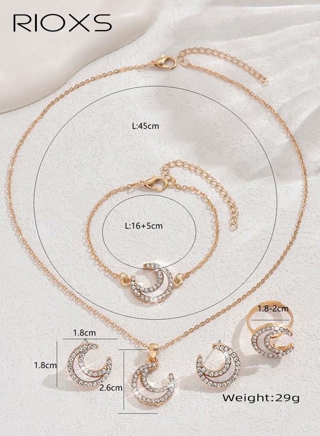 ريوكس مجموعة مجوهرات القمر من 5 قطع للنساء، مجوهرات أزياء، قلادة، أقراط، خاتم، سوار، مجوهرات عصرية للنساء - Image 4