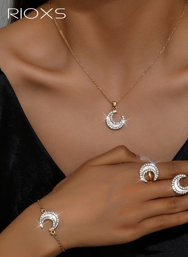 ريوكس مجموعة مجوهرات القمر من 5 قطع للنساء، مجوهرات أزياء، قلادة، أقراط، خاتم، سوار، مجوهرات عصرية للنساء - Image 1