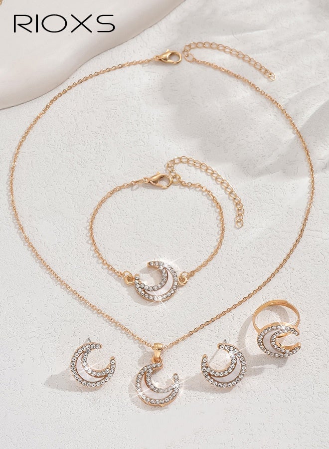 ريوكس مجموعة مجوهرات القمر من 5 قطع للنساء، مجوهرات أزياء، قلادة، أقراط، خاتم، سوار، مجوهرات عصرية للنساء - Image 3