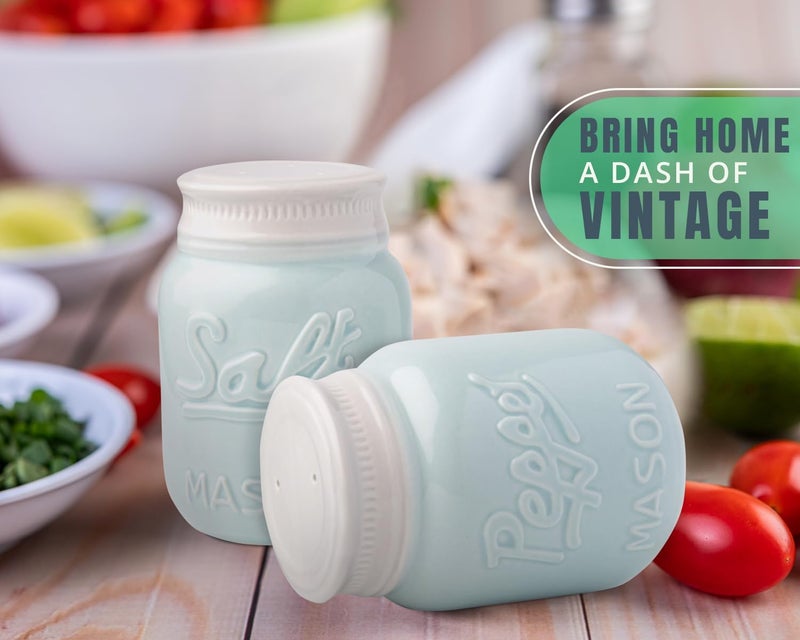 Comfify Mason Jar Salt & Pepper Shakers – Aqua Blue Ceramic – Rustic Shabby Chic Kitchen Decor - Image 3