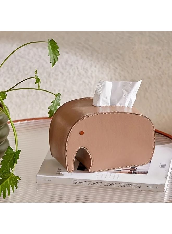 Milk Brown Leather Texture Elephant Design Tissue Box For Home And Office Decor - Image 1