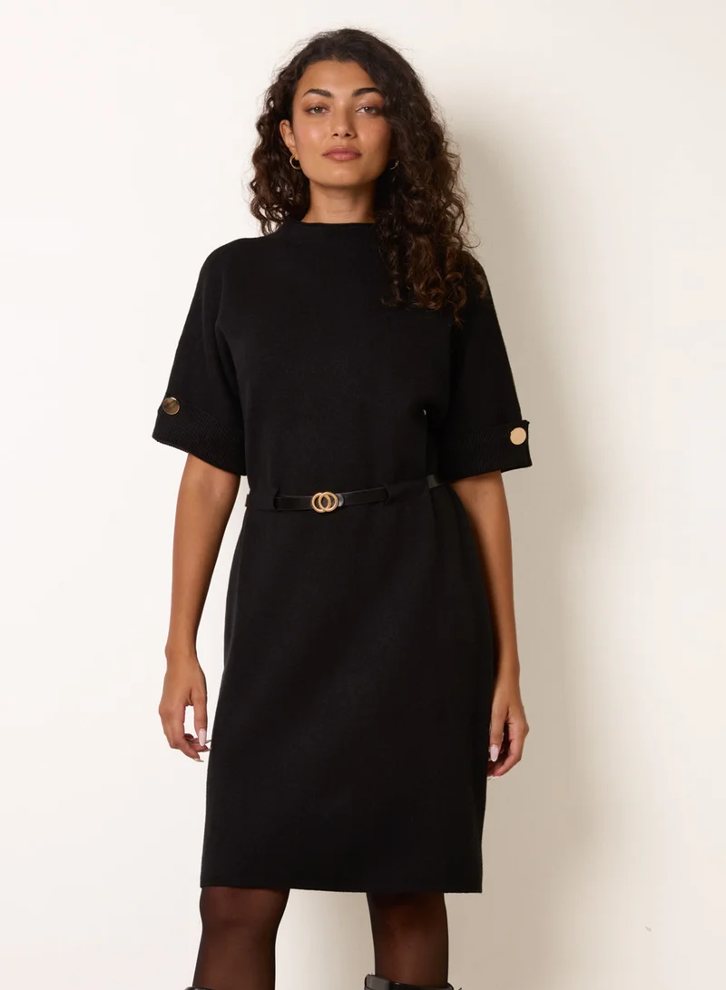 Blue Vanilla Funnel Neck Belted Knit Dress
