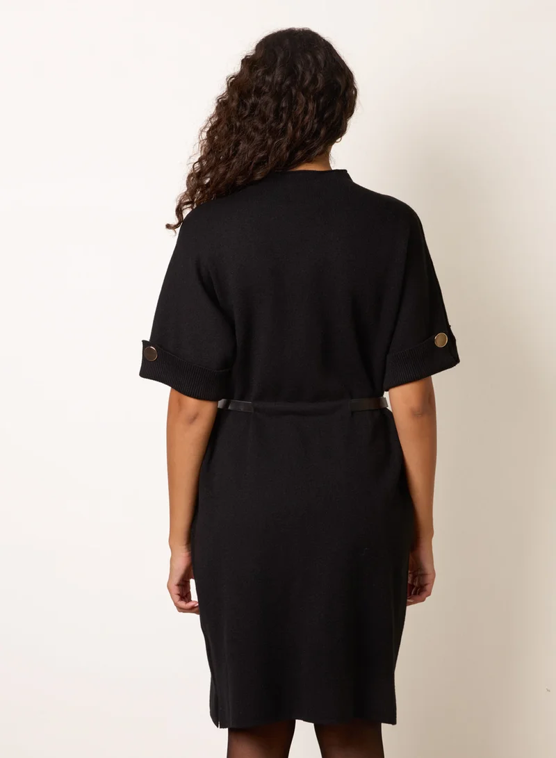 Blue Vanilla Funnel Neck Belted Knit Dress
