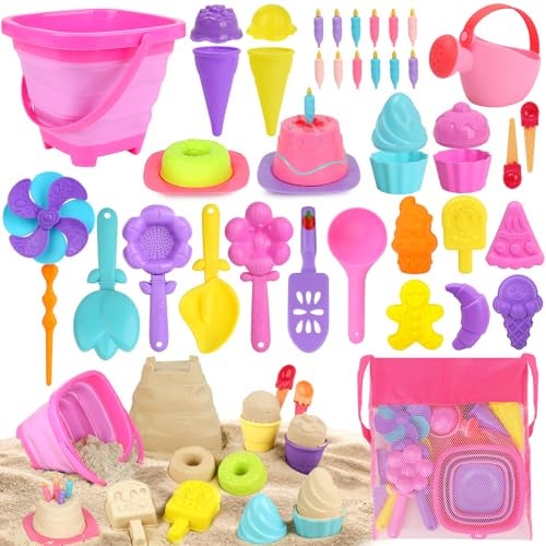 Dreamon Collapsible Beach Toys Set for Kids 310 Collapsible Sand Bucket Shovels Set with Mesh Bag and Beach Molds Ice Cream Sand Toys for Beach Sandbox Travel Toys for Kids Toddlers Girls - Image 1