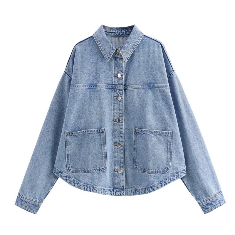 Autumn 2024 New European and American Cross-border Womens Fashion Casual Washed Long Sleeve Loose Denim Jacket Shirt Coat Blue