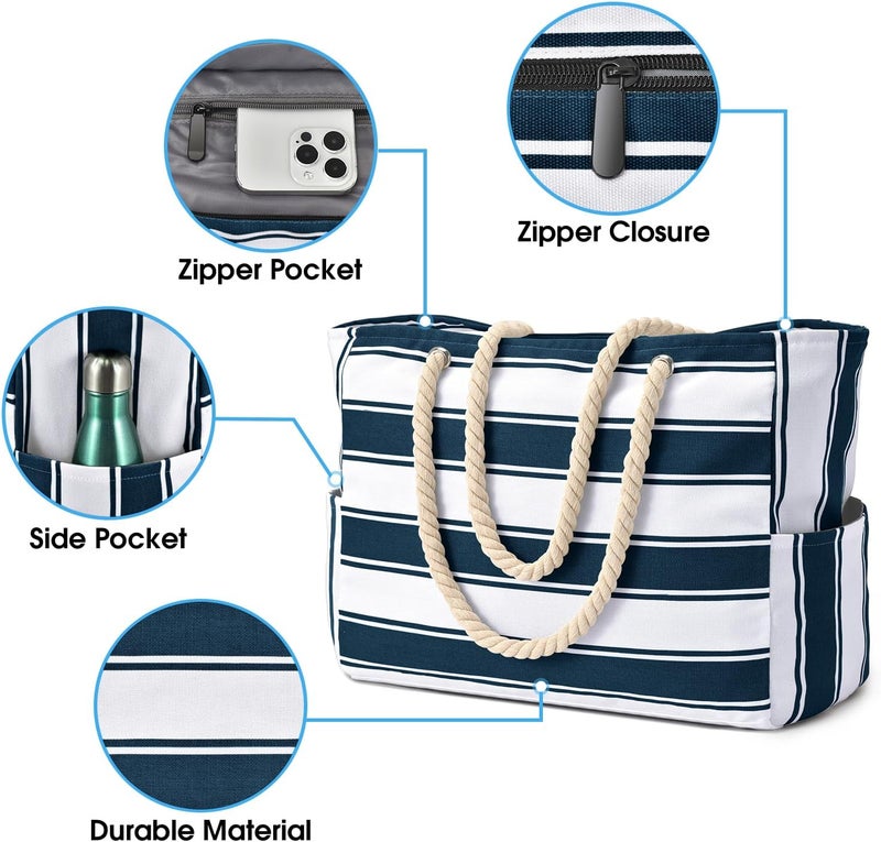 Becokan Beach Bags for Women, Large Waterproof Beach Tote Bag with Zipper Beach Bags Waterproof Sandproof Swim Pool Bag Large Tote - Image 2