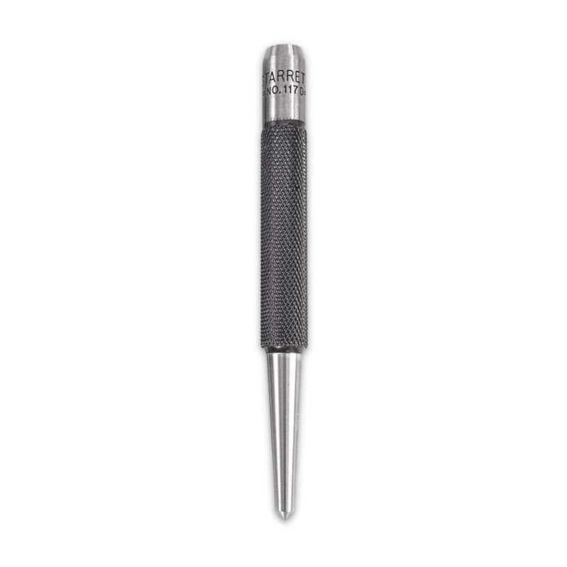 Starrett Steel Center Punch with Round Shank and Knurled Finger Grip - Hardened and Tempered Steel, 4" Length, 5/32" Diameter Tapered - 117D - Image 1