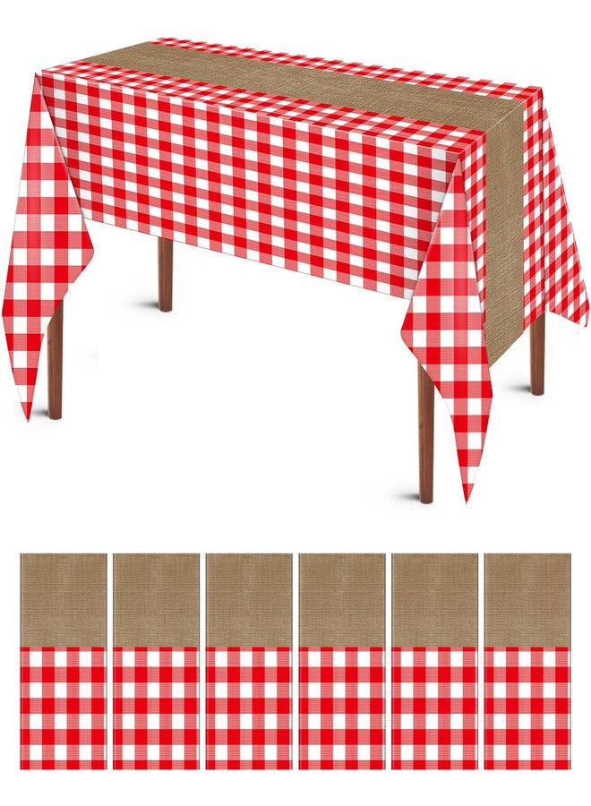 Boyiee 6 Pcs Red and White Checkered Picnic Tablecloths, Plastic Gingham Table Covers Printed Burlap Table Runners for Farm Theme Birthday Western Barnyard Party Supplies, 54 x 108 Inch - Image 1