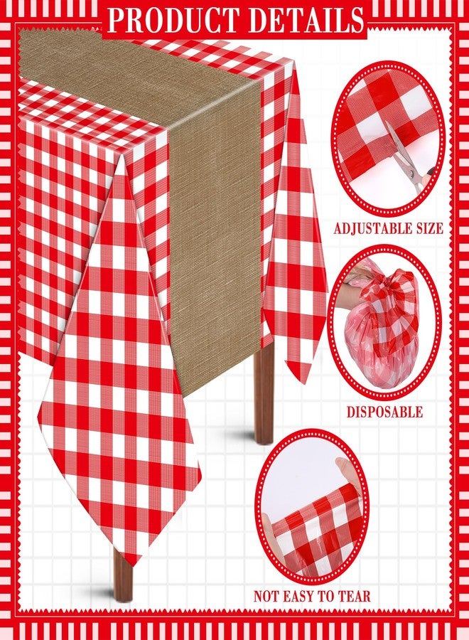Boyiee 6 Pcs Red and White Checkered Picnic Tablecloths, Plastic Gingham Table Covers Printed Burlap Table Runners for Farm Theme Birthday Western Barnyard Party Supplies, 54 x 108 Inch - Image 2