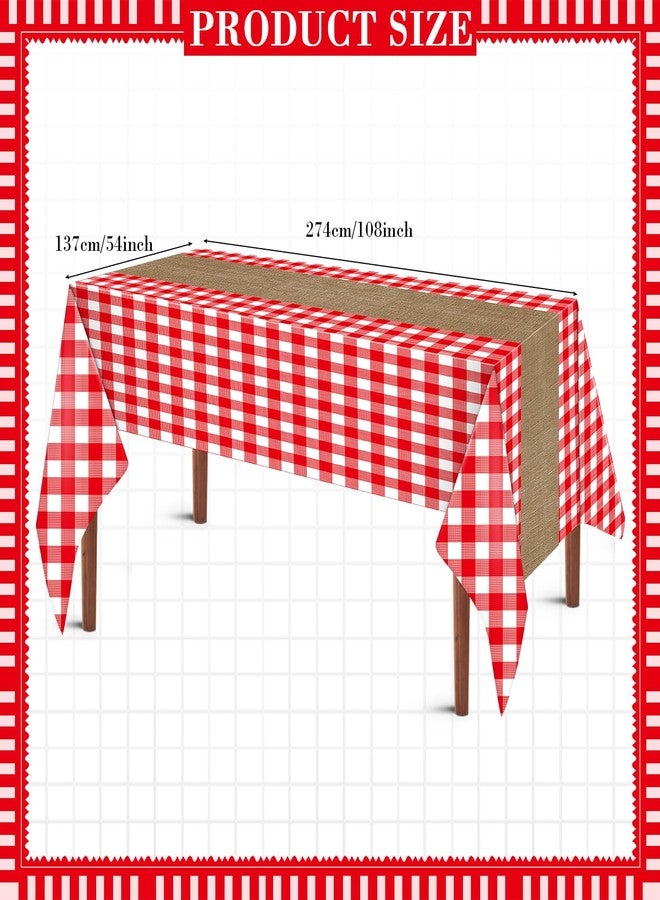 Boyiee 6 Pcs Red and White Checkered Picnic Tablecloths, Plastic Gingham Table Covers Printed Burlap Table Runners for Farm Theme Birthday Western Barnyard Party Supplies, 54 x 108 Inch - Image 3