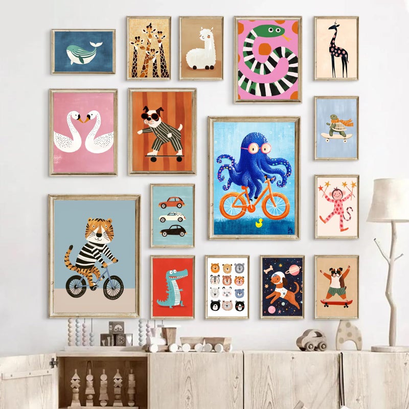 Aroutde 16Pcs Cartoon Animal Canvas Wall Art Nursery Room Funny Animal Pictures Octopus Tiger on Bikes Dog Turtle Skateboard Posters for Toddler Baby Kids Bedroom Playful Nursery Playroom Decor - Image 5