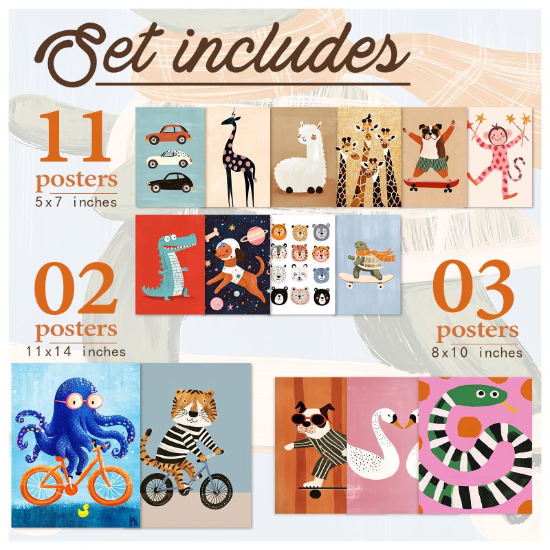 Aroutde 16Pcs Cartoon Animal Canvas Wall Art Nursery Room Funny Animal Pictures Octopus Tiger on Bikes Dog Turtle Skateboard Posters for Toddler Baby Kids Bedroom Playful Nursery Playroom Decor - Image 4