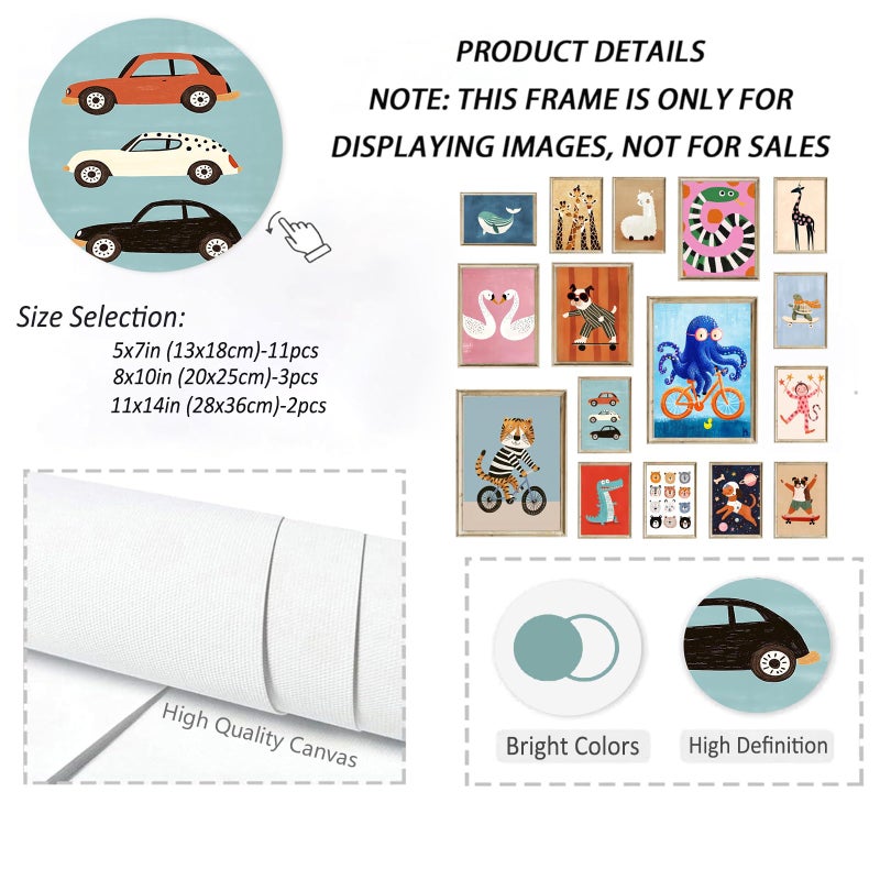 Aroutde 16Pcs Cartoon Animal Canvas Wall Art Nursery Room Funny Animal Pictures Octopus Tiger on Bikes Dog Turtle Skateboard Posters for Toddler Baby Kids Bedroom Playful Nursery Playroom Decor - Image 2