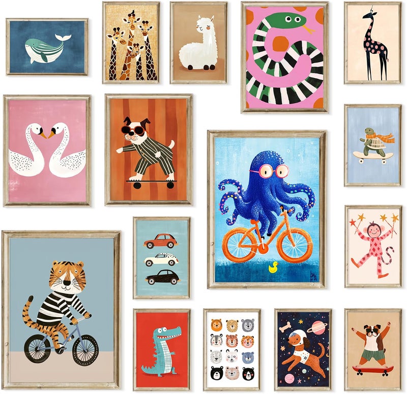 Aroutde 16Pcs Cartoon Animal Canvas Wall Art Nursery Room Funny Animal Pictures Octopus Tiger on Bikes Dog Turtle Skateboard Posters for Toddler Baby Kids Bedroom Playful Nursery Playroom Decor - Image 1