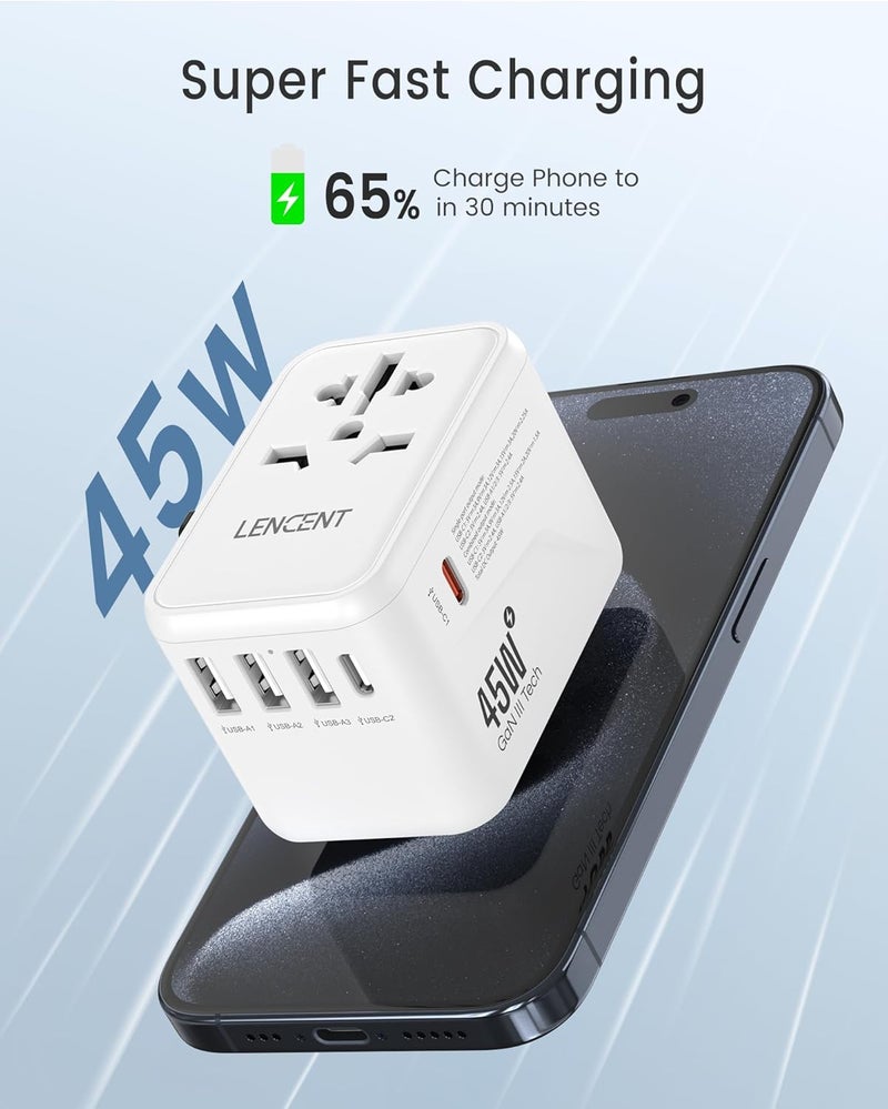 لينسينت محول سفر عالمي ، شاحن دولي GaN III بقدرة 45 واط مع 3 منافذ USB ومنفذي Type-C للشحن السريع PD، محول قابس عالمي لأجهزة iPhone وGalaxy وأجهزة الكمبيوتر المحمولة، أنواع A/C/G/I (الولايات المتحدة/المملكة المتحدة/الاتحاد الأوروبي/أستراليا)، أبيض - Image 3