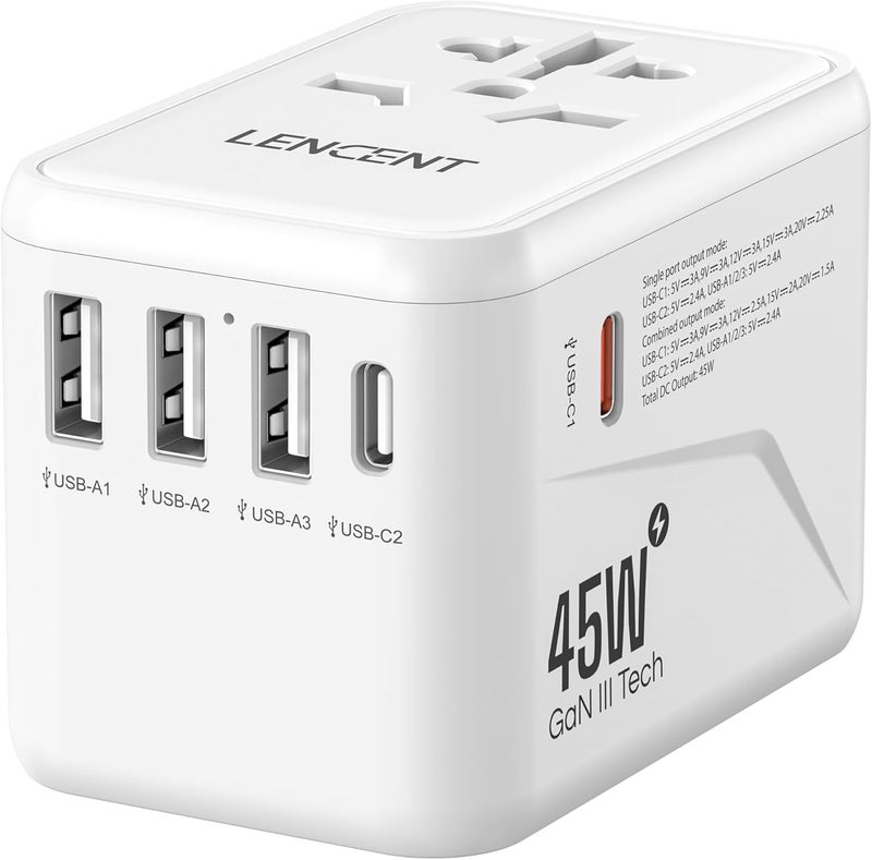 لينسينت محول سفر عالمي ، شاحن دولي GaN III بقدرة 45 واط مع 3 منافذ USB ومنفذي Type-C للشحن السريع PD، محول قابس عالمي لأجهزة iPhone وGalaxy وأجهزة الكمبيوتر المحمولة، أنواع A/C/G/I (الولايات المتحدة/المملكة المتحدة/الاتحاد الأوروبي/أستراليا)، أبيض - Image 1