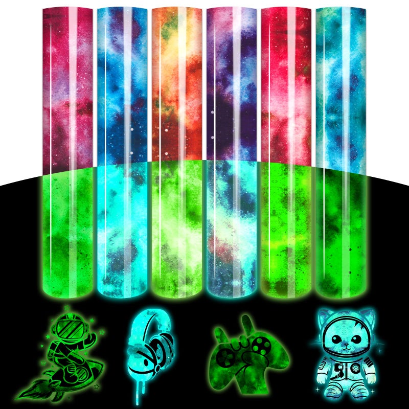 Tintnut Glow in Dark HTV Heat Transfer Vinyl  12x10 inch 6 Sheets Luminous Galaxy Iron on Vinyl Galaxy HTV Vinyl for TShirts DIY Compatible with Cricut or Silhouette Cameo