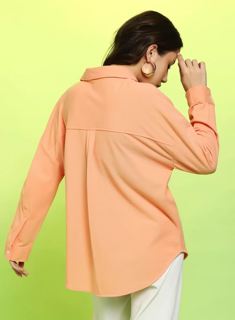 Pinacolada  Women's Cantalope Orange Solid Oversized Shirt For Casual Wear | Spread Collar | Long Cuffed Sleeves | Button Closure | Oversized Shirt Crafted With Comfort Fit For Everyday Wear for Women | Best Price UAE