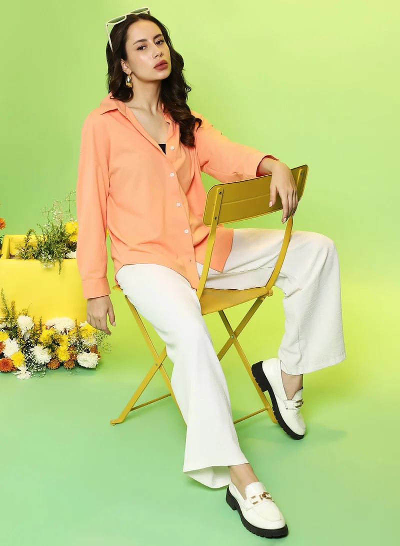Pinacolada  Women's Cantalope Orange Solid Oversized Shirt For Casual Wear | Spread Collar | Long Cuffed Sleeves | Button Closure | Oversized Shirt Crafted With Comfort Fit For Everyday Wear for Women | Best Price UAE