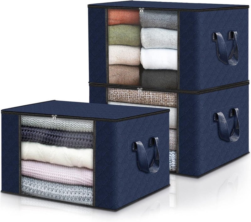 Fab totes Global flexible sizing options 3 Pack Clothes Storage, Foldable Thick Fabric Blanket Storage Bags, Storage Containers for Organizing Bedroom, Closet, Clothing, Comforter, Organization and Storage with Handle,Blue Shock rubber edge - Image 1